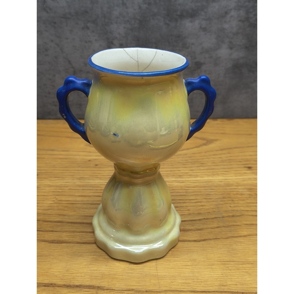 Vintage Czechoslovakia Lusterware Art Pottery Yellow/Blue Double Handled Vase